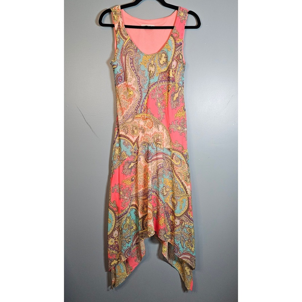 Robbie Bee Womens Paisley Handkerchief Hem Midi Dress Coral Pink Multi Size 4